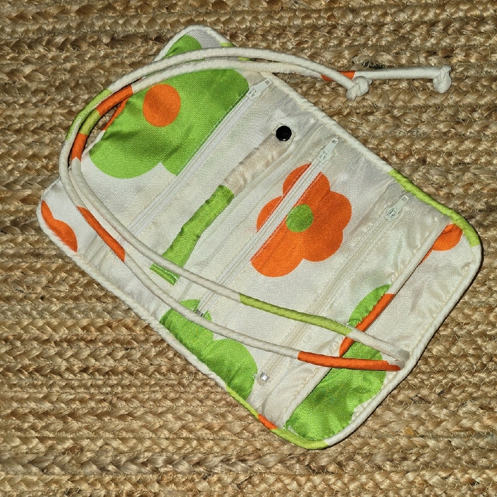 Silk Jewelry Travel Bag In White, Green and Orange Floral